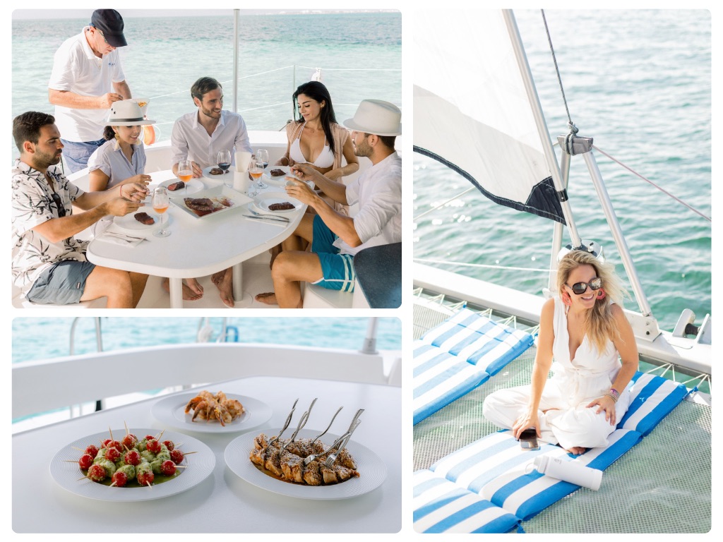 Guests enjoying a private luxury catamaran charter in Cancun with gourmet food, premium drinks and personalized service onboard