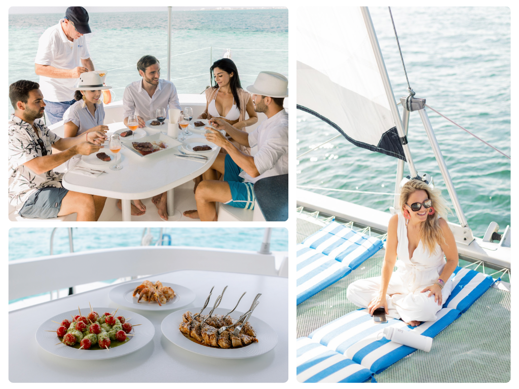 Guests enjoying a private luxury catamaran charter in Cancun with gourmet food, premium drinks and personalized service onboard