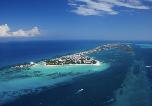 Aerial view of Isla Mujeres near Cancun with turquoise waters